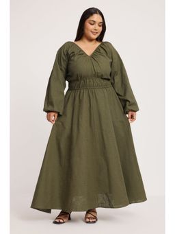 Virgio - Olive Cotton V Neck Gathered Plus Size Dress