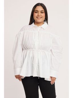 Virgio - Solid Cotton Gathered Tie Up Plus Size Shirt