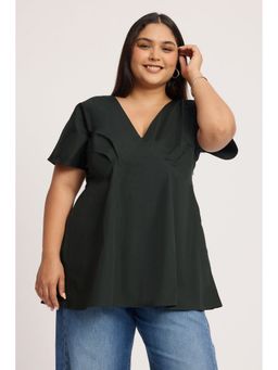 Virgio - Green Solid Cotton V Neck Plus Size Top