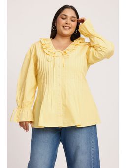 Virgio - Yellow Solid Cotton Pin Tuck Detail Shirt Plus Size Top