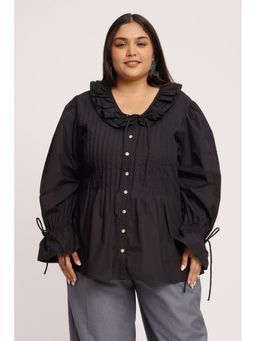 Virgio - Black Solid Cotton Pin Tuck Detail Shirt Plus Size Top