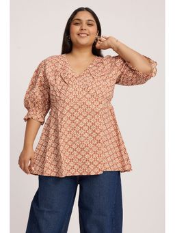 Virgio - Cream Geometric Cotton Peplum Plus Size Top