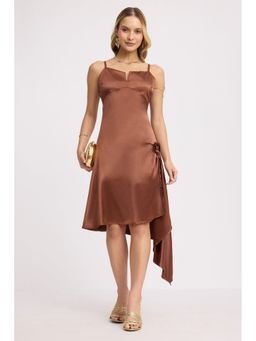 Virgio - Brown Polyester Side Rose Detail Dress