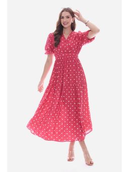 Virgio - Red Polka Dots Viscose Wrap Neck Polka Dress