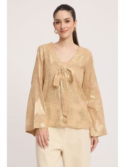 Virgio - Beige Floral Cotton V-Neck Bow Detail Top