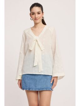 Virgio - Off White Self Design Cotton V-Neck Bow Detail Top