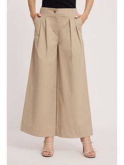 Virgio - Solid Beige Cotton High-Rise Wide Leg Trousers