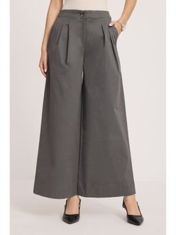 Virgio - Solid Grey Cotton High-Rise Wide Leg Trousers