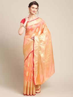 Banarasi Silk Works - Bright Woven Saree Peach with Unstitched Blouse