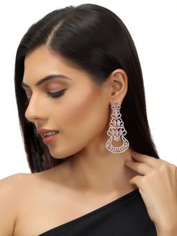 Accessher - Rose Gold Plated American Diamonds Studded Drop Earrings with Pink Semi precious stone