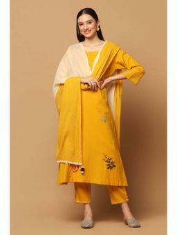 "Two Sisters" by Gyans - Mustard Cotton Floral Round Neck Kurta With Pant And Dupatta