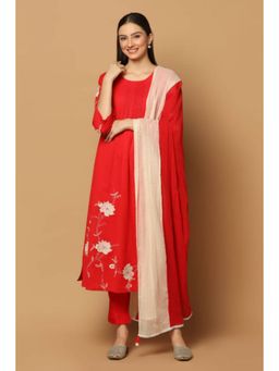 "Two Sisters" by Gyans - Women Red Cotton Floral Kurta with Pant and Dupatta