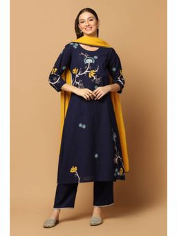 "Two Sisters" by Gyans - Women Navy Blue Cotton Embroidered Kurta with Pant and Dupatta