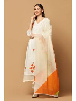 "Two Sisters" by Gyans - Women White Cotton Floral Kurta with Pant and Dupatta