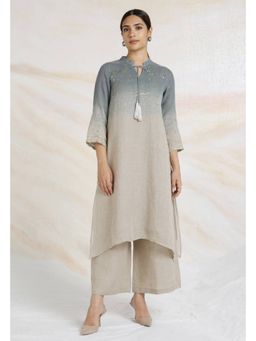 Kaveri - Grey Linen Mandarin Neck Zari Kurta With Palazzo