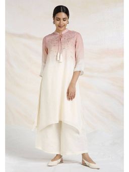 Kaveri - Pink Linen Mandarin Neck Zari Kurta With Palazzo