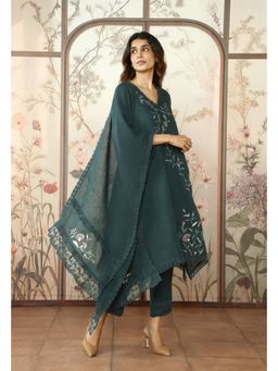 Kaveri - Women Teal Linen Embroidered Kurta with Pant and Dupatta