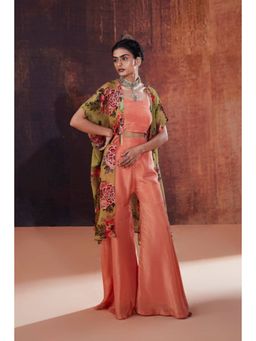 AFFROZ - Coral Peach Solid Crop Top with Sharara and Cape Jacket