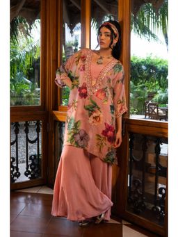AFFROZ - Dusty Rose Crop Top with Kurti and Sharara