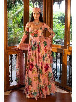 AFFROZ - Dusty Rose Floral Anarkali Kurta with Pant and Dupatta