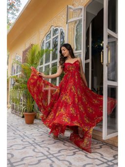 DEASHA INDIA - Women Red Chiffon Floral Anarkali Kurta with Pant and Dupatta