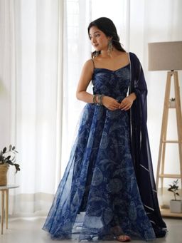 DEASHA INDIA - Navy Blue Organza Floral Printed Anarkali Kurta With Pant And Dupatta