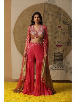 "Two Sisters" by Gyans - Women Red Georgette Embroidered Blouse with Sharara and Cape
