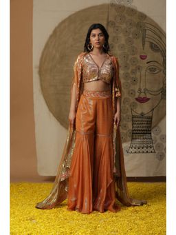 "Two Sisters" by Gyans - Women Orange Georgette Embellished Top with Sharara and Cape