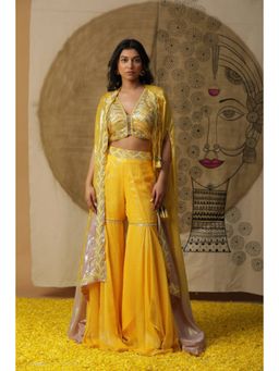 "Two Sisters" by Gyans - Women Mustard Georgette Embellished Blouse with Sharara and Cape