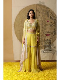 "Two Sisters" by Gyans - Women Yellow Georgette Solid Top with Sharara and Cape