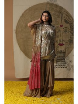 "Two Sisters" by Gyans - Women Beige Georgette Embroidered Kurta with Sharara and Dupatta