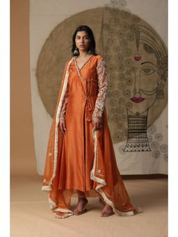 "Two Sisters" by Gyans - Orange Silk Embroidered V-Neck Kurta With Pant And Dupatta