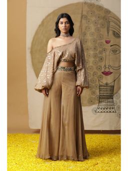 "Two Sisters" by Gyans - Beige Georgette Solid/Plain One Shoulder Top And Sharara