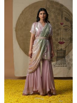 "Two Sisters" by Gyans - Purple Georgette Sequenced V-Neck Kurta With Sharara And Dupatta