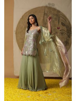 "Two Sisters" by Gyans - Sage Green Embellished Kurta With Flared Pants And Cape