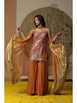 "Two Sisters" by Gyans - Orange Embellished Kurta With Flared Pants And Cape