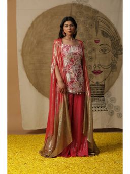"Two Sisters" by Gyans - Red Embellished Kurta With Flared Pants And Cape