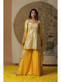 "Two Sisters" by Gyans - Yellow Embellished Kurta With Flared Pants And Cape