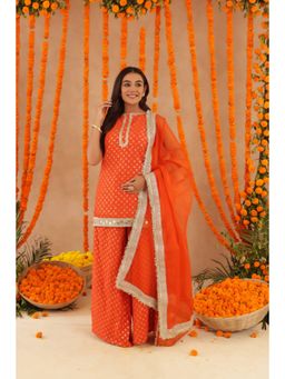 DEASHA INDIA - Women Orange Chanderi Embroidered Kurta with Sharara and Dupatta
