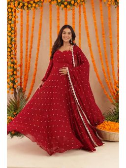 DEASHA INDIA - Women Red Georgette Floral Anarkali Kurta with Pant and Dupatta