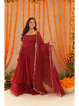 DEASHA INDIA - Women Red Georgette Striped Kurta with Palazzo and Dupatta