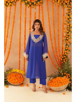 DEASHA INDIA - Mousmi Royal Blue Mirror Lace Work Fusion Blouse with Pant and Kurta
