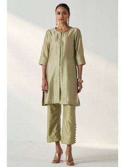 "Two Sisters" by Gyans - Green Chanderi Silk Co-Ord Set With Potli Button Detailing