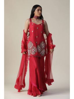 "Two Sisters" by Gyans - Red Organza Embroidered Sweetheart Neck Kurta With Sharara And Dupatta