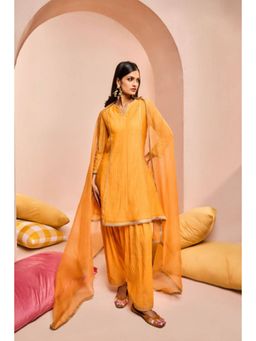 DOHR INDIA - Women Orange Silk Solid Kurta with Palazzo and Dupatta