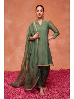 DOHR INDIA - Women Green Silk Solid Kurta with Pant and Dupatta