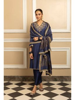 DOHR INDIA - Women Purple Silk Embroidered Kurta with Pant and Dupatta