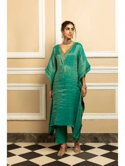 DOHR INDIA - Women Green Tissue Solid Kurta with Pant