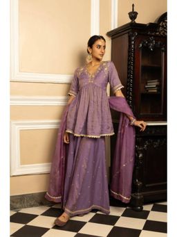 DOHR INDIA - Women Purple Tissue Embroidered Kurta with Sharara and Dupatta