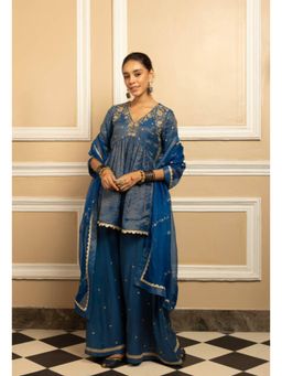 DOHR INDIA - Women Blue Tissue Embroidered Kurta with Sharara and Dupatta